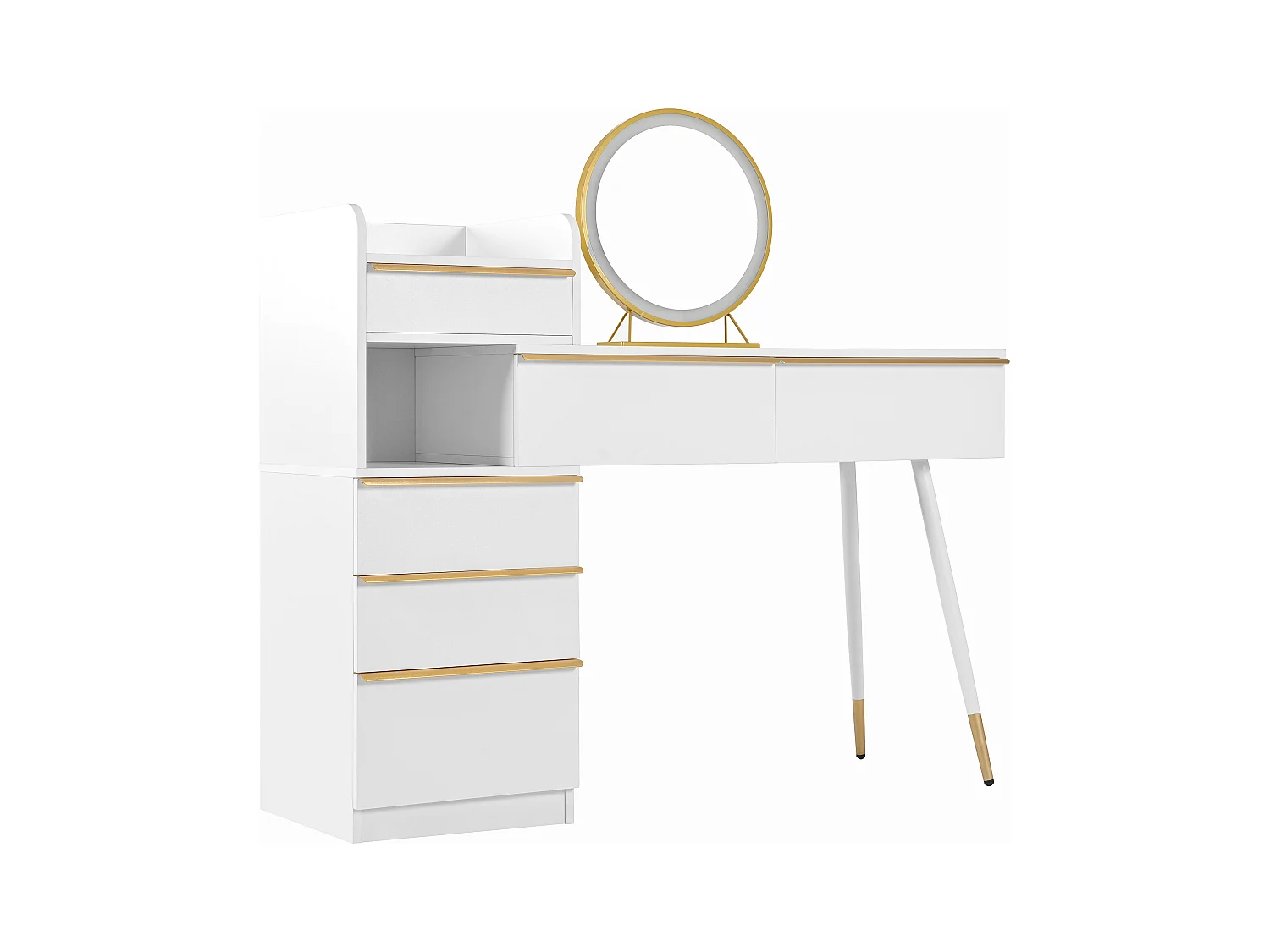 Coiffeuse avec plateau extensible, 6 tiroirs, miroir LED dimmable, Blanc (102x100x41.5 cm)