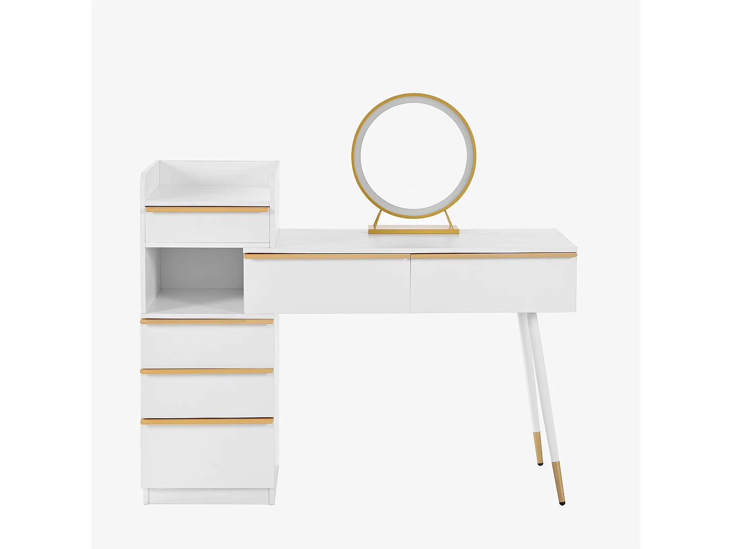 Tocador con tablero extensible, 6 cajones, espejo LED regulable, Blanco (102x100x41,5 cm)