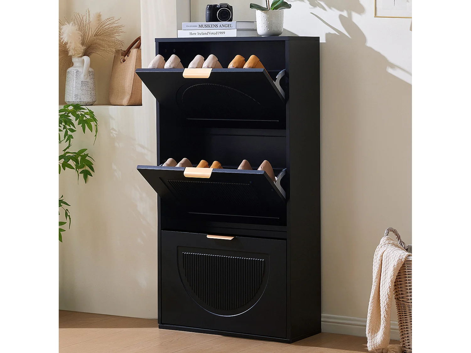 Zapatero estrecho, 3 puertas, MDF, negro (60x24x114 cm)