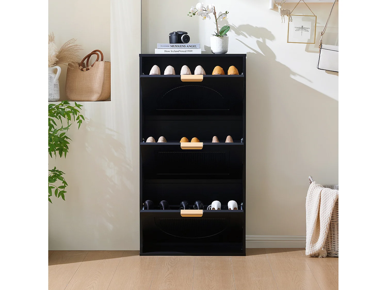 Zapatero estrecho, 3 puertas, MDF, negro (60x24x114 cm)