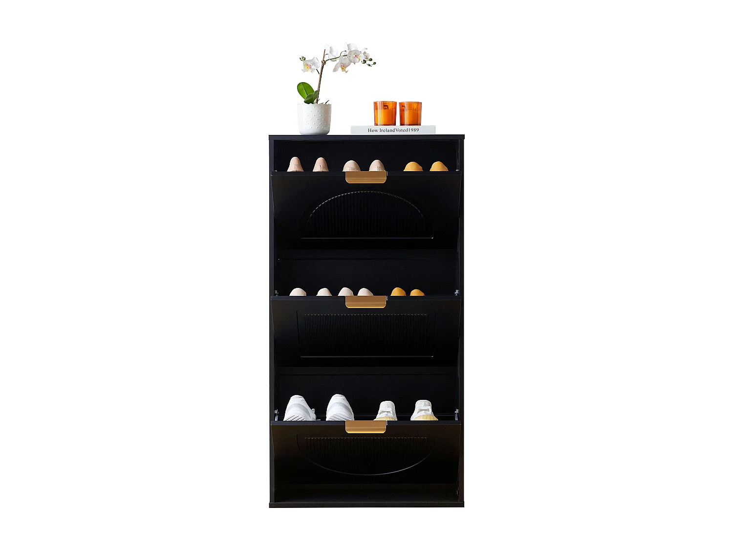 Zapatero estrecho, 3 puertas, MDF, negro (60x24x114 cm)