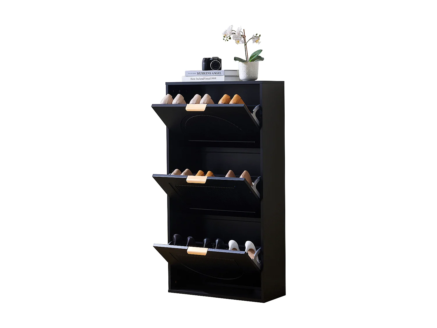 Zapatero estrecho, 3 puertas, MDF, negro (60x24x114 cm)