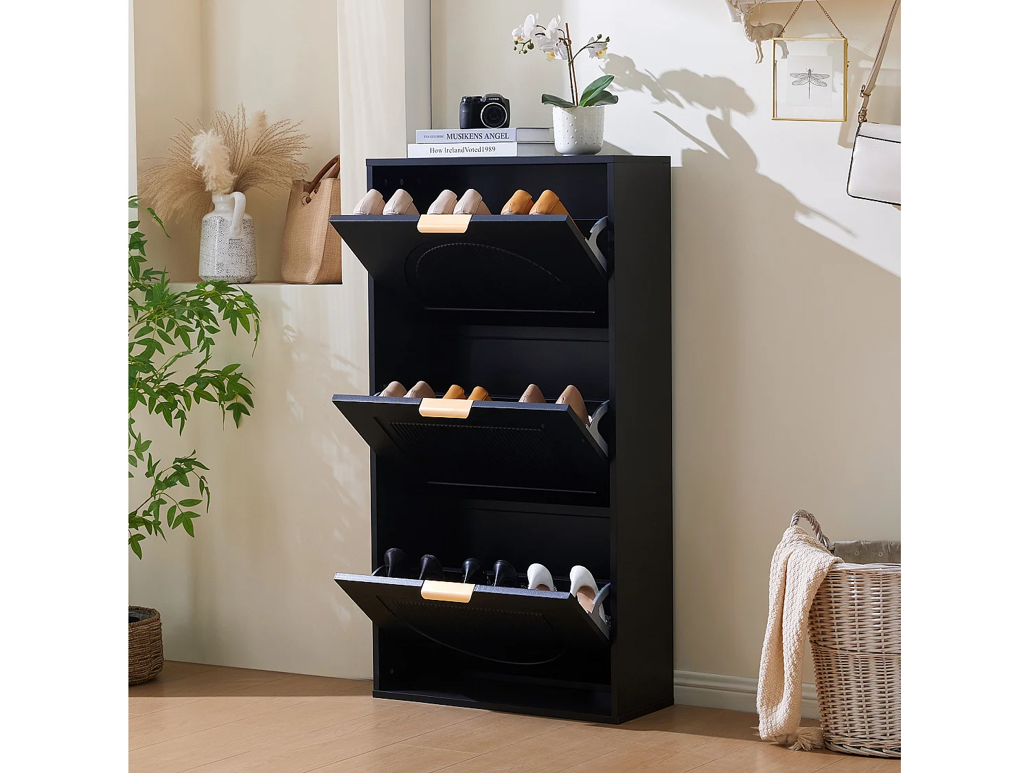 Zapatero estrecho, 3 puertas, MDF, negro (60x24x114 cm)