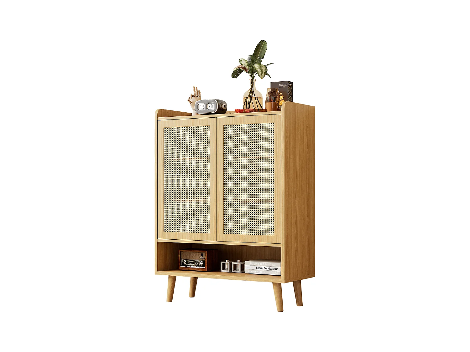 Armoire à chaussures en rotin naturel, design moderne, avec 2 portes et 5 étagères, bois massif, couleur chêne clair (80x37x105 cm)