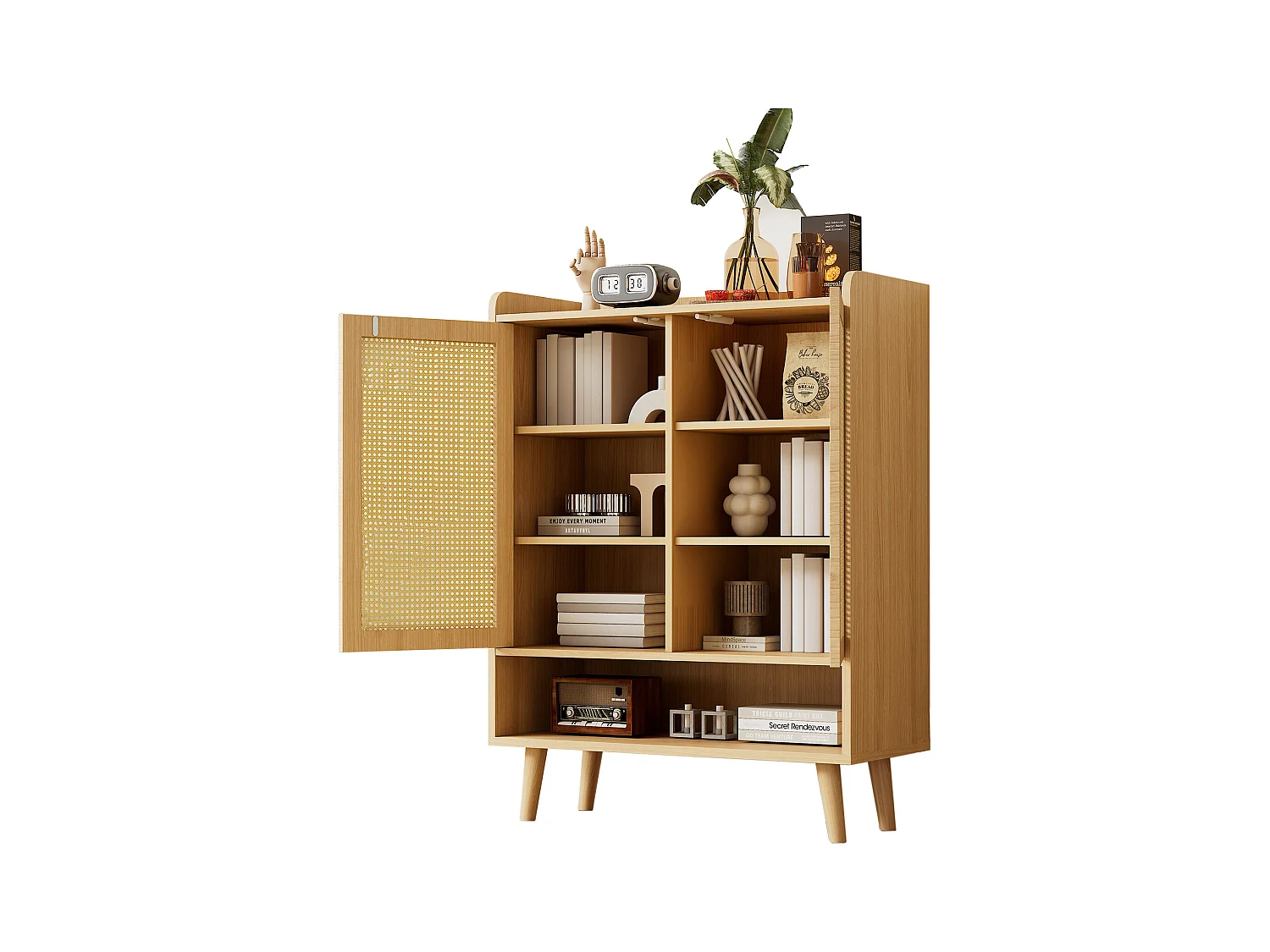 Armoire à chaussures en rotin naturel, design moderne, avec 2 portes et 5 étagères, bois massif, couleur chêne clair (80x37x105 cm)