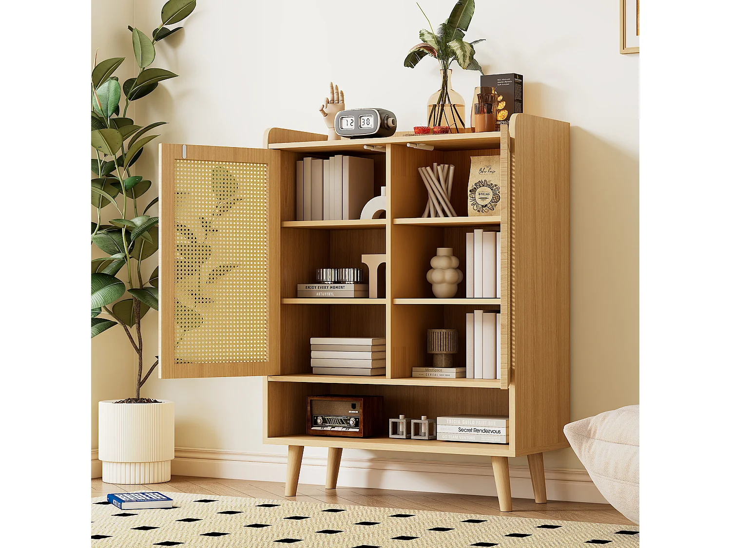 Armoire à chaussures en rotin naturel, design moderne, avec 2 portes et 5 étagères, bois massif, couleur chêne clair (80x37x105 cm)