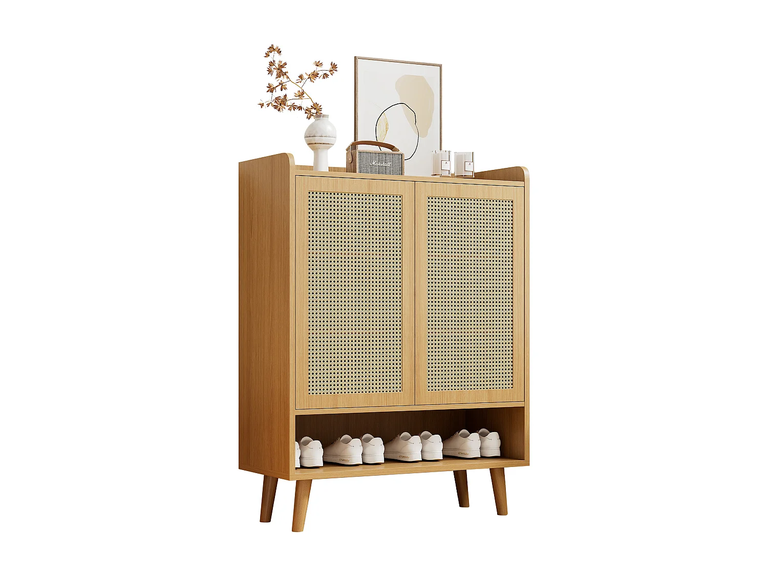 Armoire à chaussures en rotin naturel, design moderne, avec 2 portes et 5 étagères, bois massif, couleur chêne clair (80x37x105 cm)