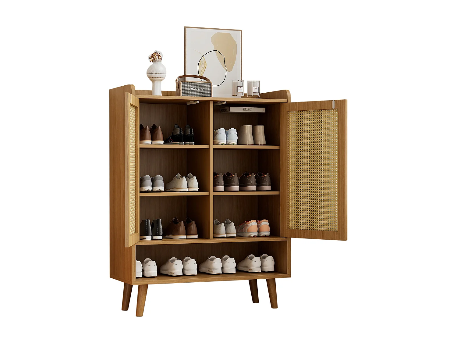Armoire à chaussures en rotin naturel, design moderne, avec 2 portes et 5 étagères, bois massif, couleur chêne clair (80x37x105 cm)