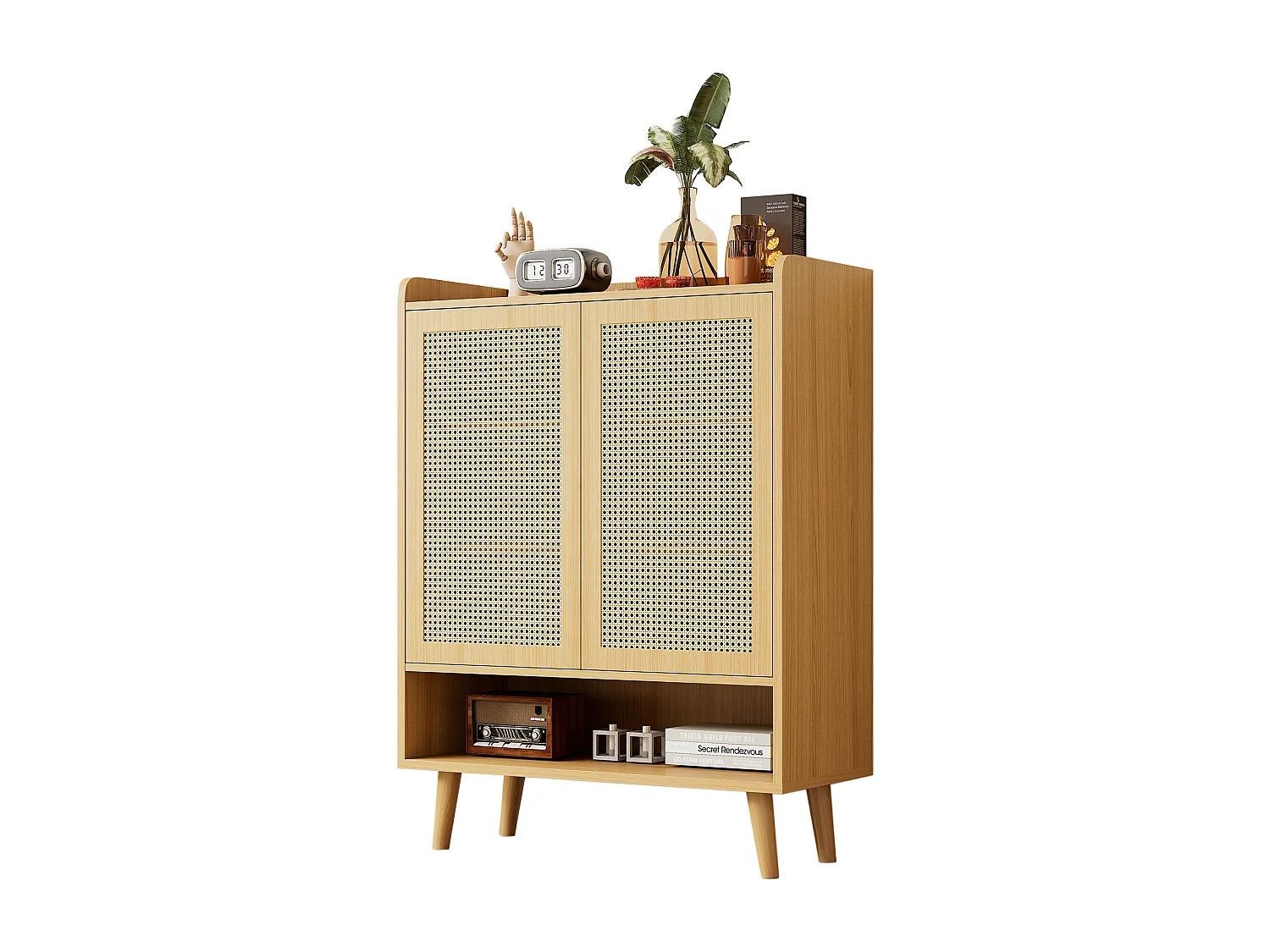 Armoire à chaussures en rotin naturel, design moderne, avec 2 portes et 5 étagères, bois massif, couleur chêne clair (80x37x105 cm)