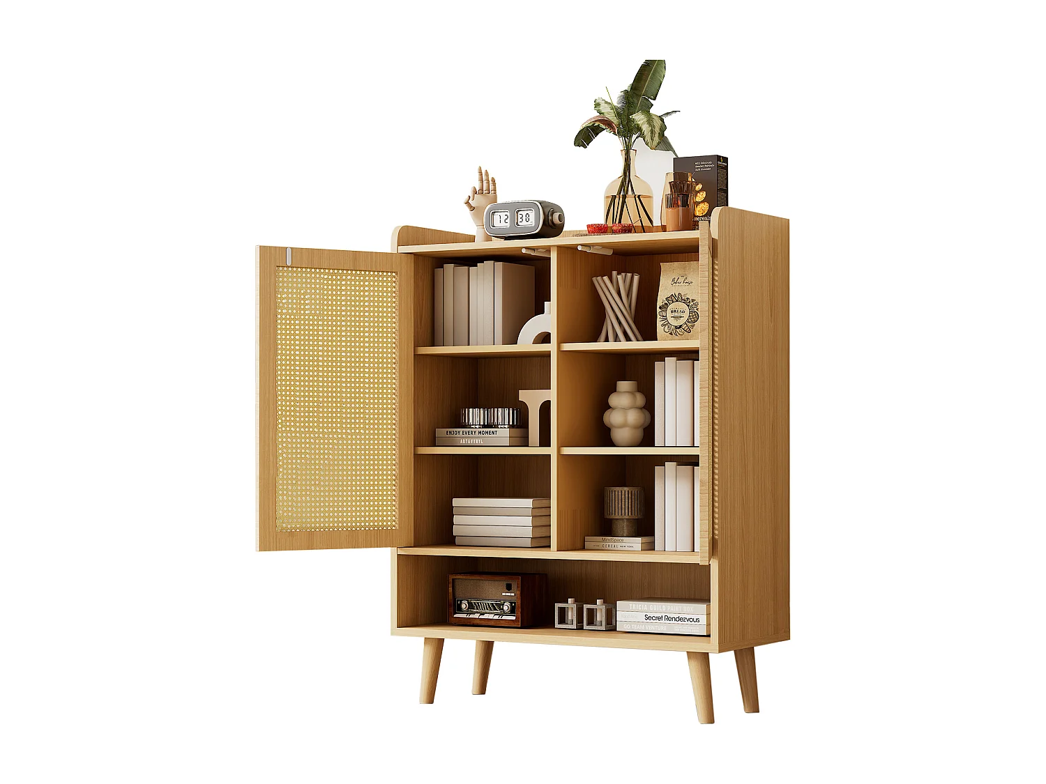 Armoire à chaussures en rotin naturel, design moderne, avec 2 portes et 5 étagères, bois massif, couleur chêne clair (80x37x105 cm)