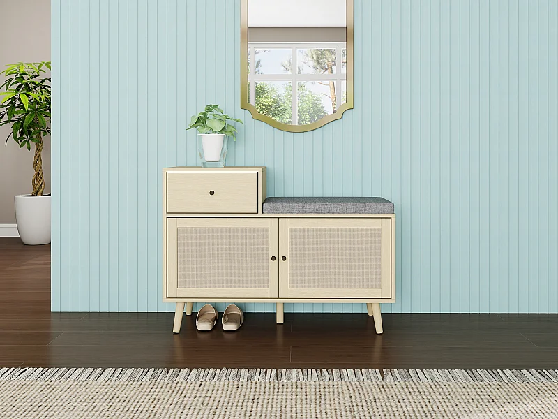 Banc à chaussures en style boho, avec 2 portes en rotin, 1 tiroir, assise rembourrée, en bois naturel (90x35x65 cm)