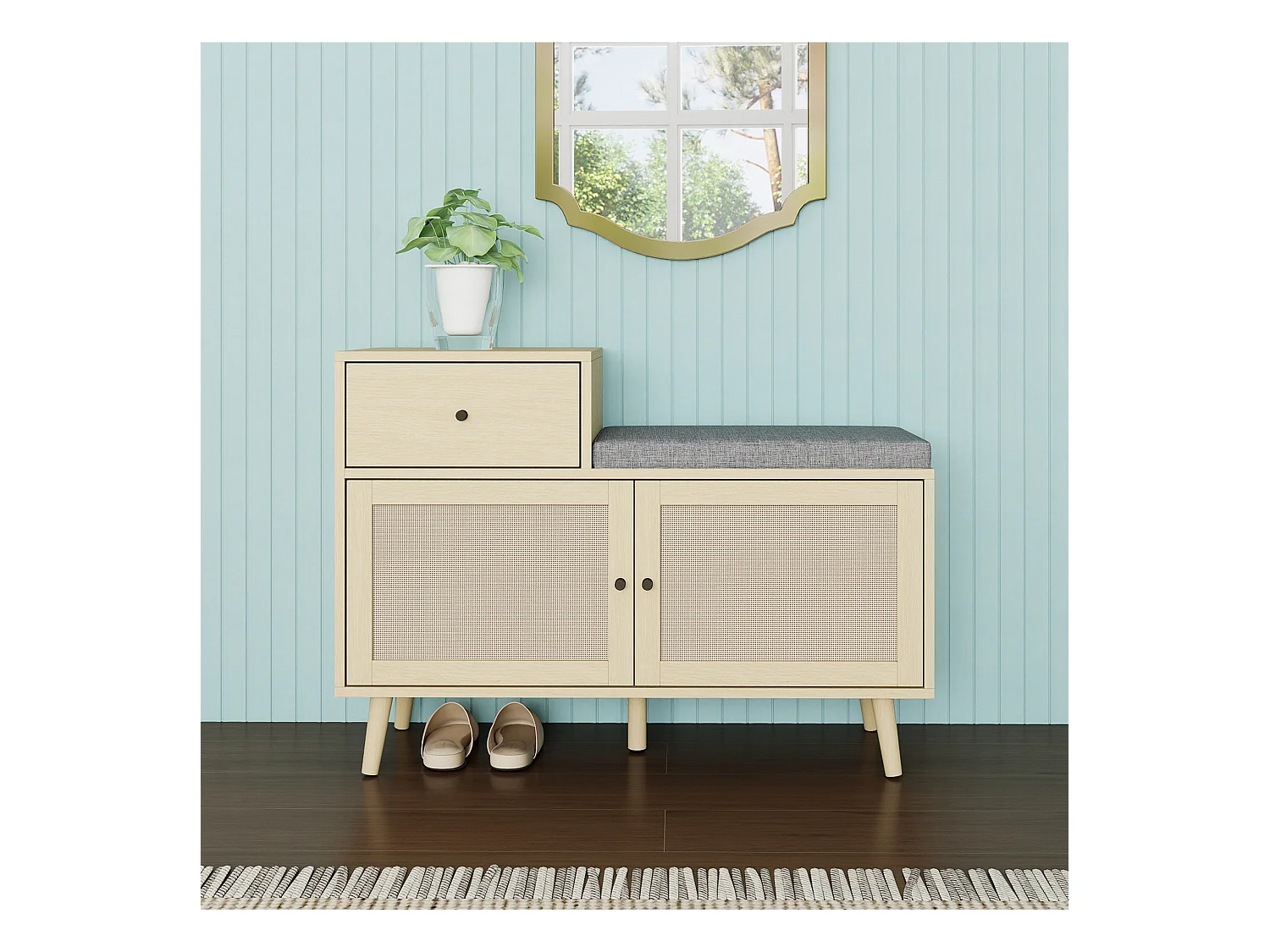 Banc à chaussures en style boho, avec 2 portes en rotin, 1 tiroir, assise rembourrée, en bois naturel (90x35x65 cm)