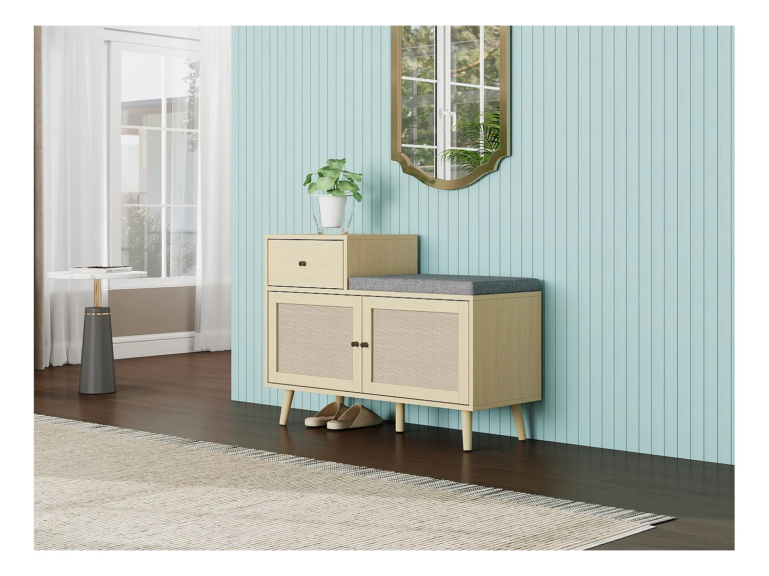 Banc à chaussures en style boho, avec 2 portes en rotin, 1 tiroir, assise rembourrée, en bois naturel (90x35x65 cm)