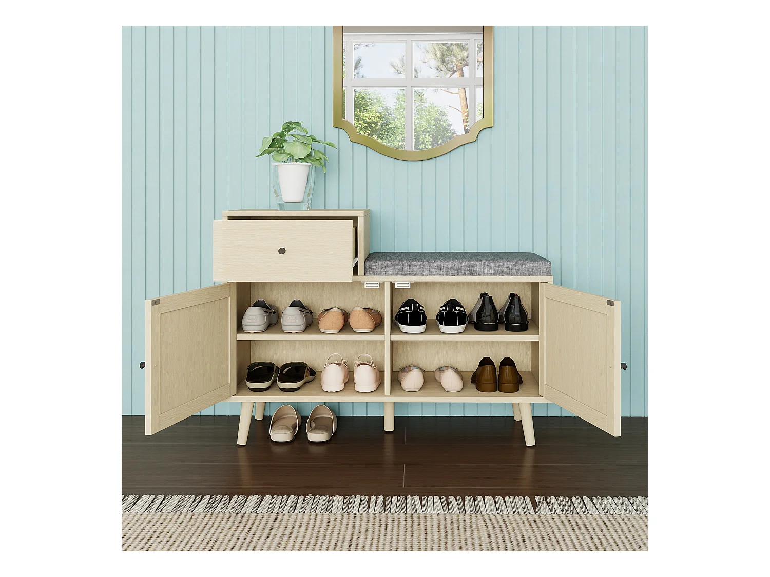 Banc à chaussures en style boho, avec 2 portes en rotin, 1 tiroir, assise rembourrée, en bois naturel (90x35x65 cm)