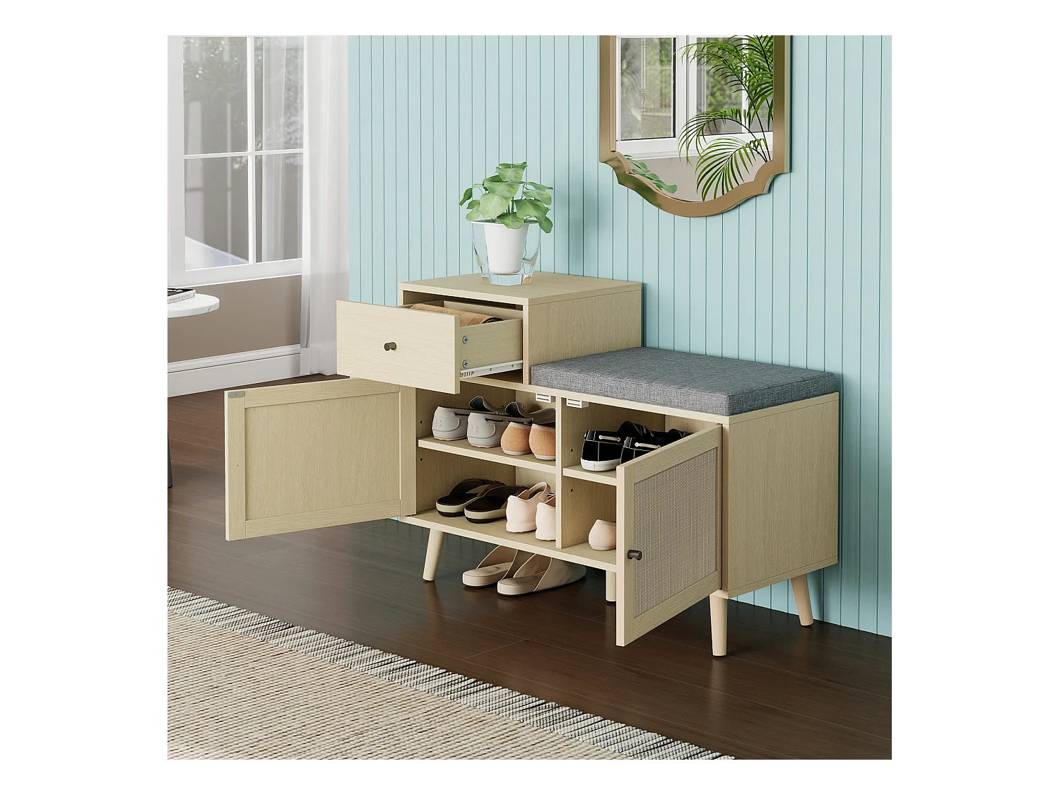 Banc à chaussures en style boho, avec 2 portes en rotin, 1 tiroir, assise rembourrée, en bois naturel (90x35x65 cm)