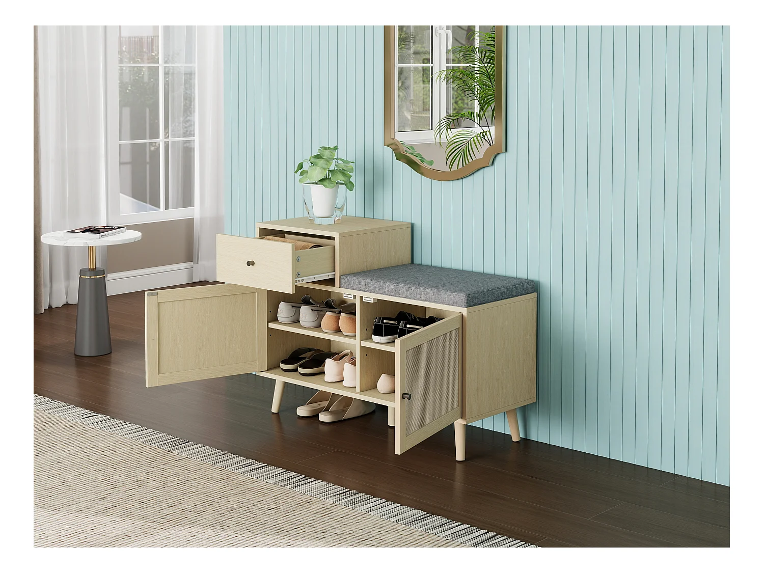 Banc à chaussures en style boho, avec 2 portes en rotin, 1 tiroir, assise rembourrée, en bois naturel (90x35x65 cm)