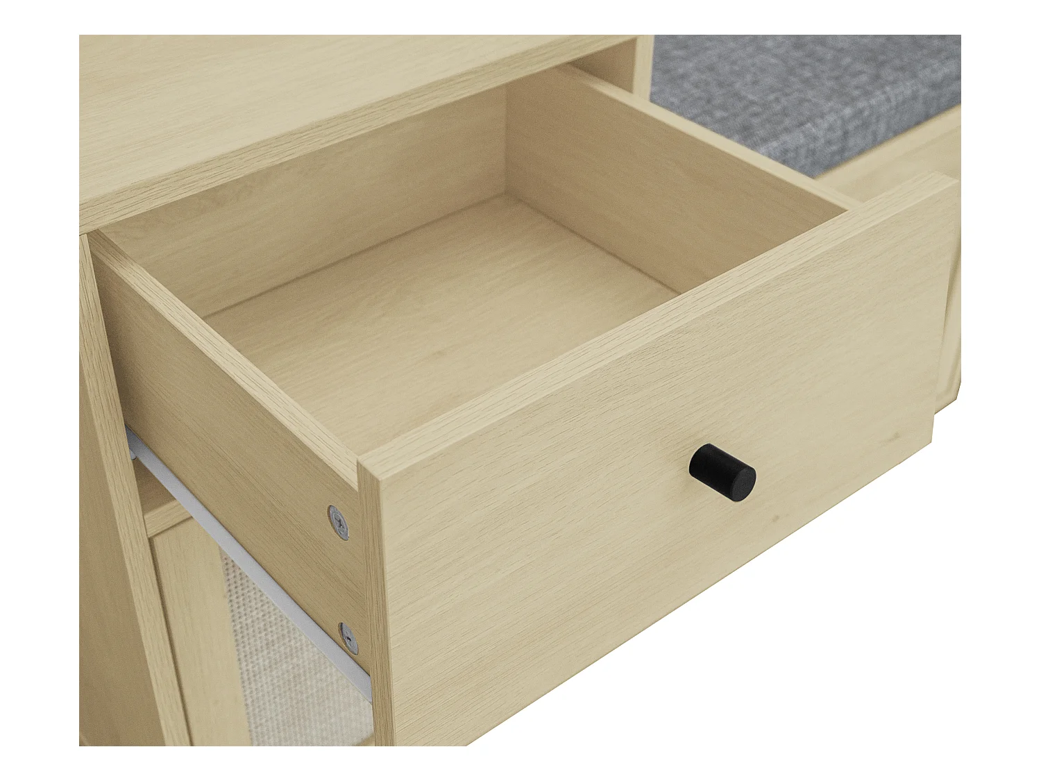 Banc à chaussures en style boho, avec 2 portes en rotin, 1 tiroir, assise rembourrée, en bois naturel (90x35x65 cm)