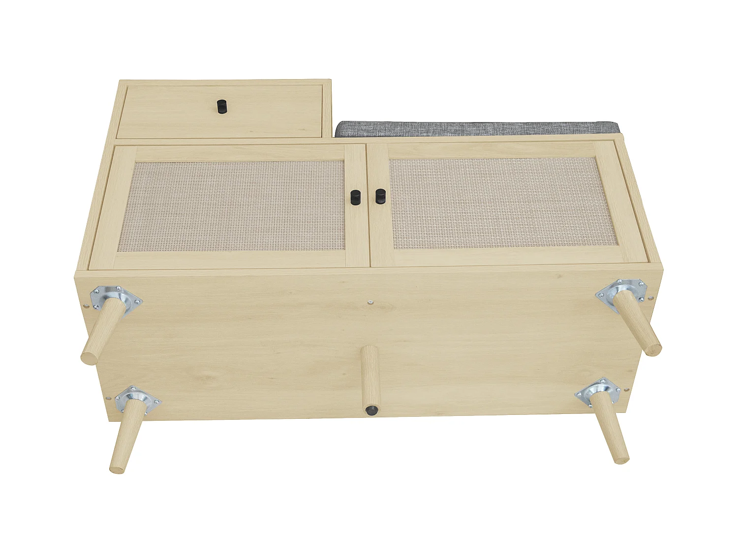 Banc à chaussures en style boho, avec 2 portes en rotin, 1 tiroir, assise rembourrée, en bois naturel (90x35x65 cm)