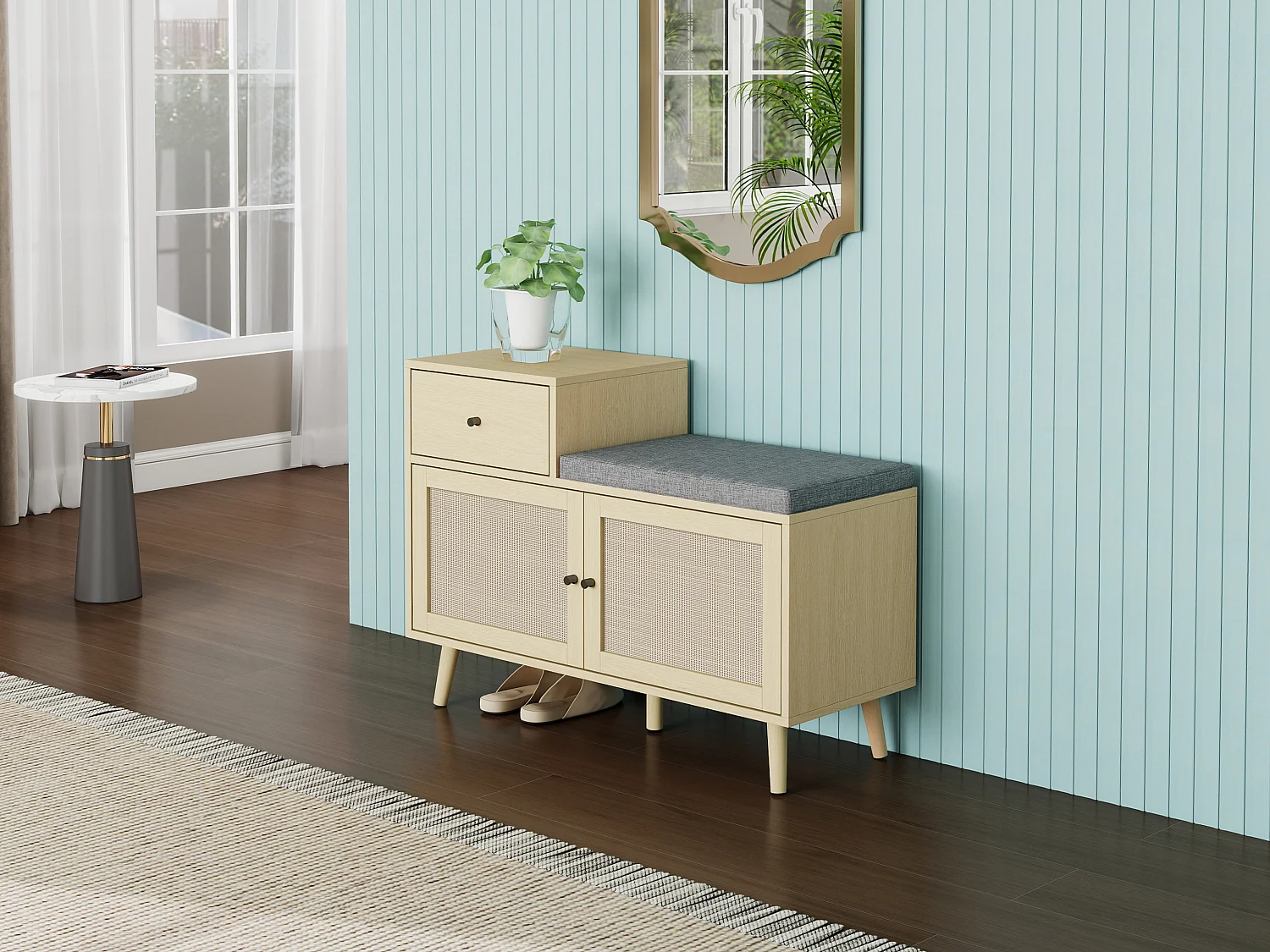 Banc à chaussures en style boho, avec 2 portes en rotin, 1 tiroir, assise rembourrée, en bois naturel (90x35x65 cm)