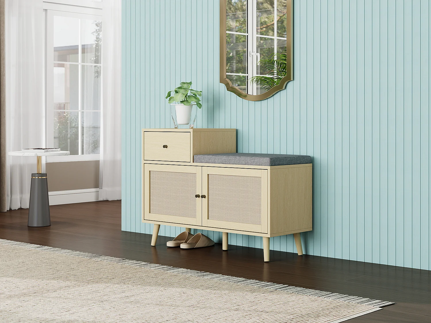 Banc à chaussures en style boho, avec 2 portes en rotin, 1 tiroir, assise rembourrée, en bois naturel (90x35x65 cm)