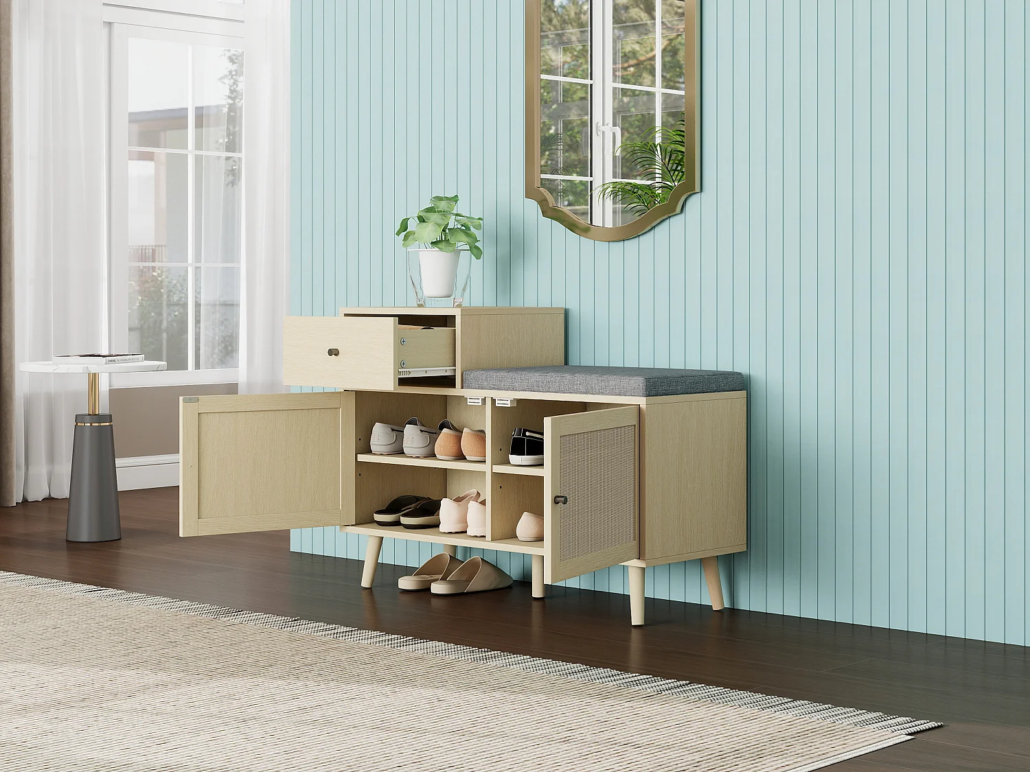 Banc à chaussures en style boho, avec 2 portes en rotin, 1 tiroir, assise rembourrée, en bois naturel (90x35x65 cm)