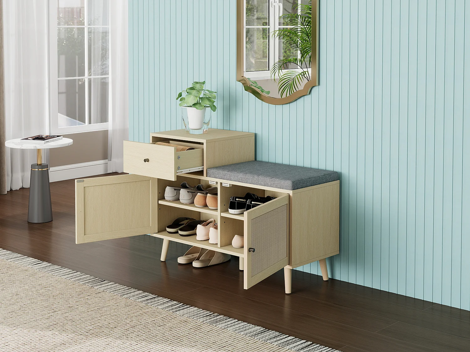 Banc à chaussures en style boho, avec 2 portes en rotin, 1 tiroir, assise rembourrée, en bois naturel (90x35x65 cm)