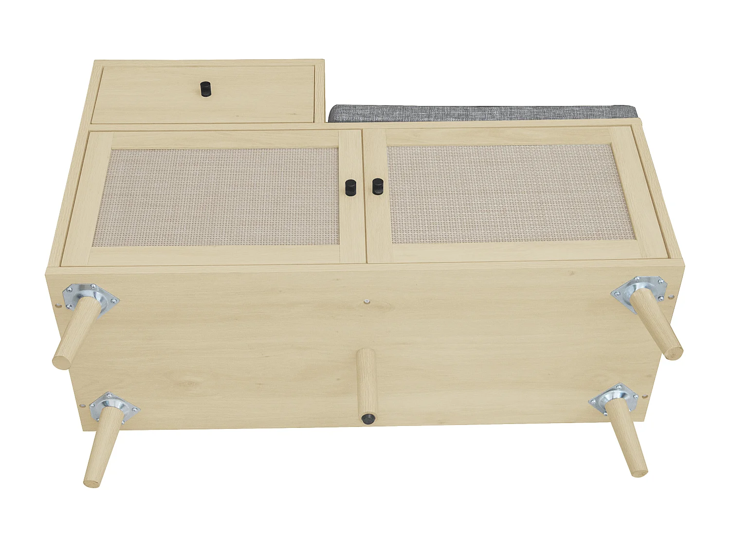 Banc à chaussures en style boho, avec 2 portes en rotin, 1 tiroir, assise rembourrée, en bois naturel (90x35x65 cm)