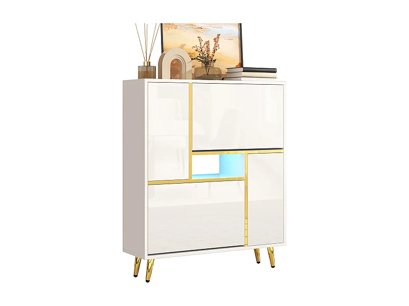 Chaussier moderne avec éclairage LED 16 couleurs, design laqué, MDF, blanc (80x25x96 cm)