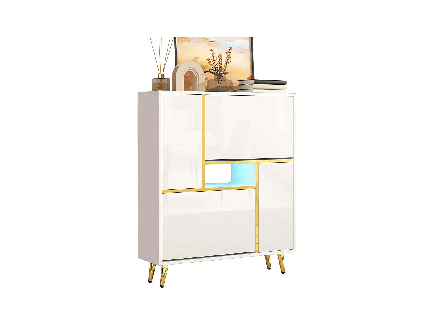 Chaussier moderne avec éclairage LED 16 couleurs, design laqué, MDF, blanc (80x25x96 cm)