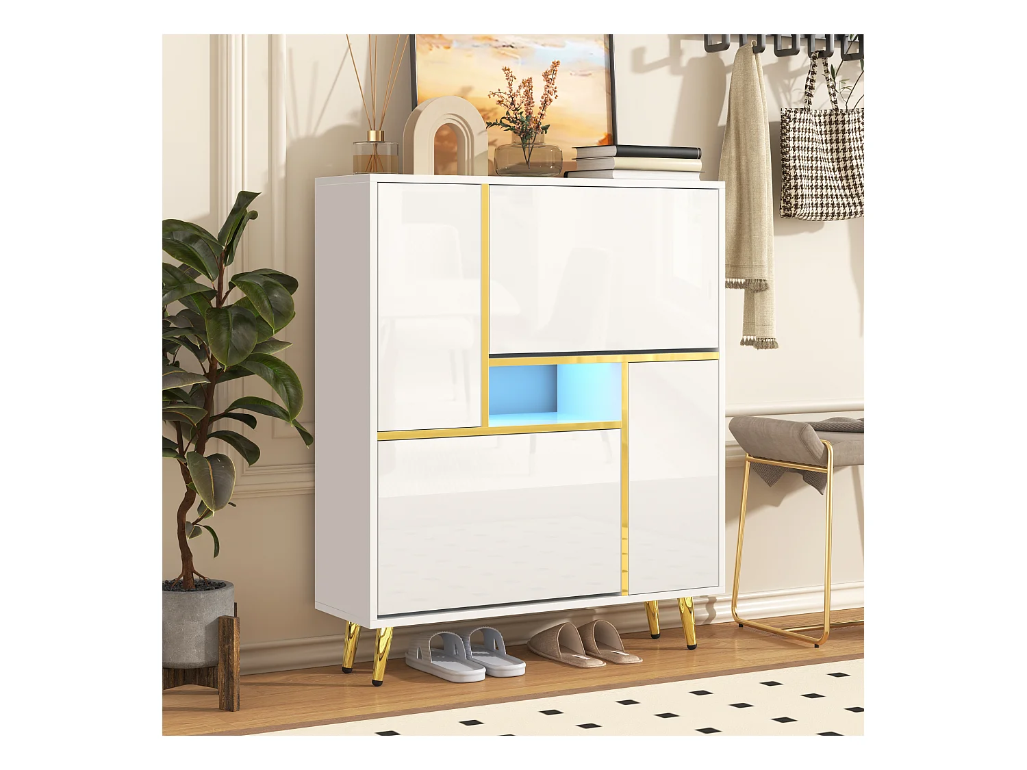 Chaussier moderne avec éclairage LED 16 couleurs, design laqué, MDF, blanc (80x25x96 cm)