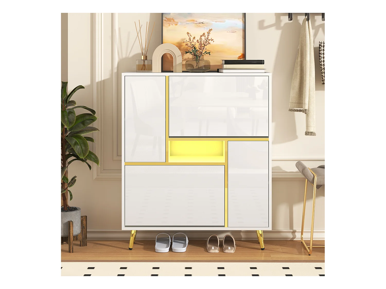 Chaussier moderne avec éclairage LED 16 couleurs, design laqué, MDF, blanc (80x25x96 cm)