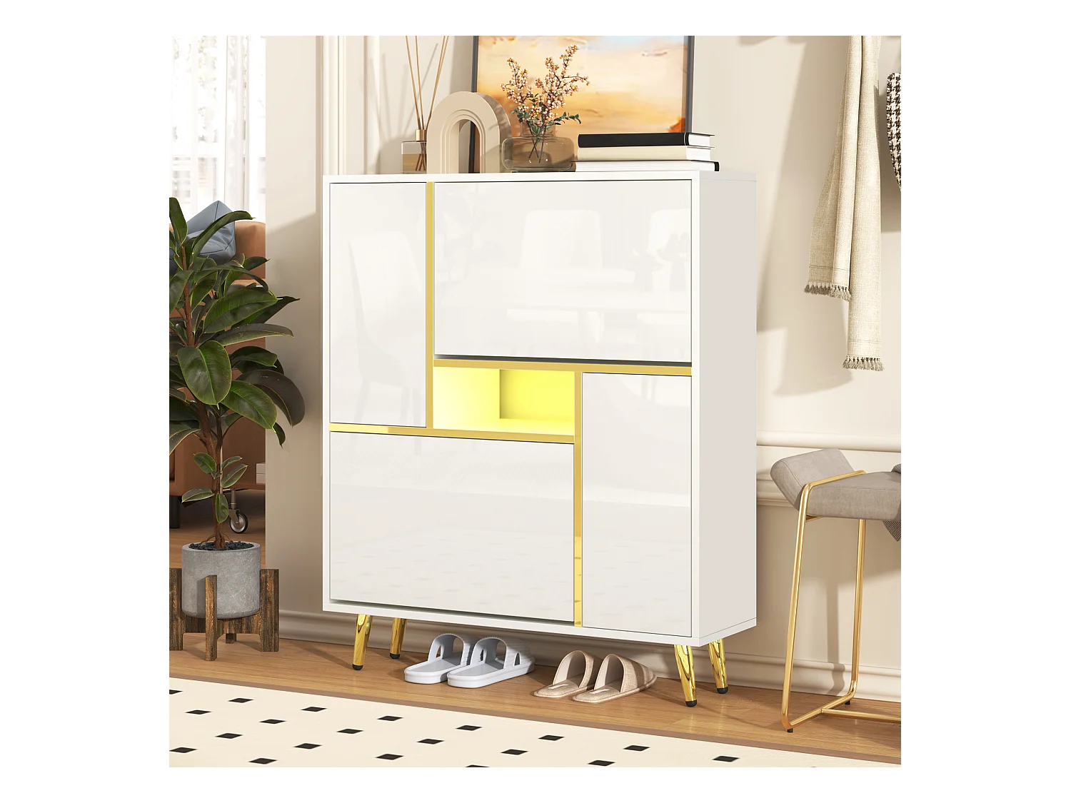 Chaussier moderne avec éclairage LED 16 couleurs, design laqué, MDF, blanc (80x25x96 cm)