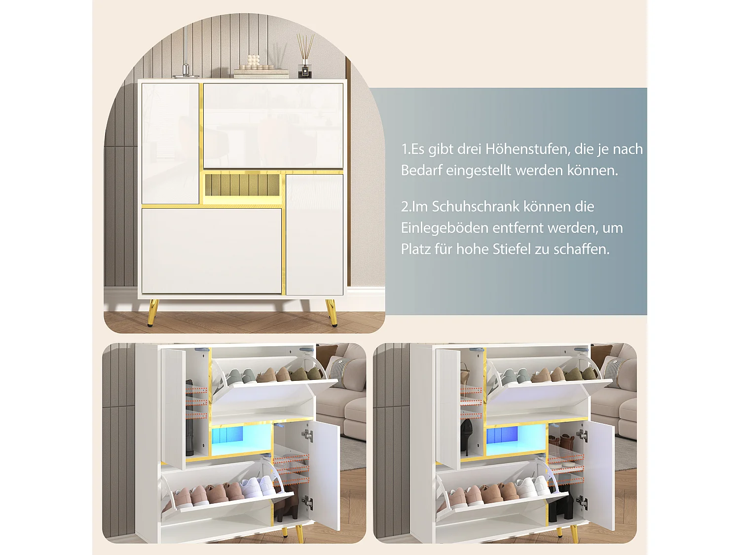 Chaussier moderne avec éclairage LED 16 couleurs, design laqué, MDF, blanc (80x25x96 cm)