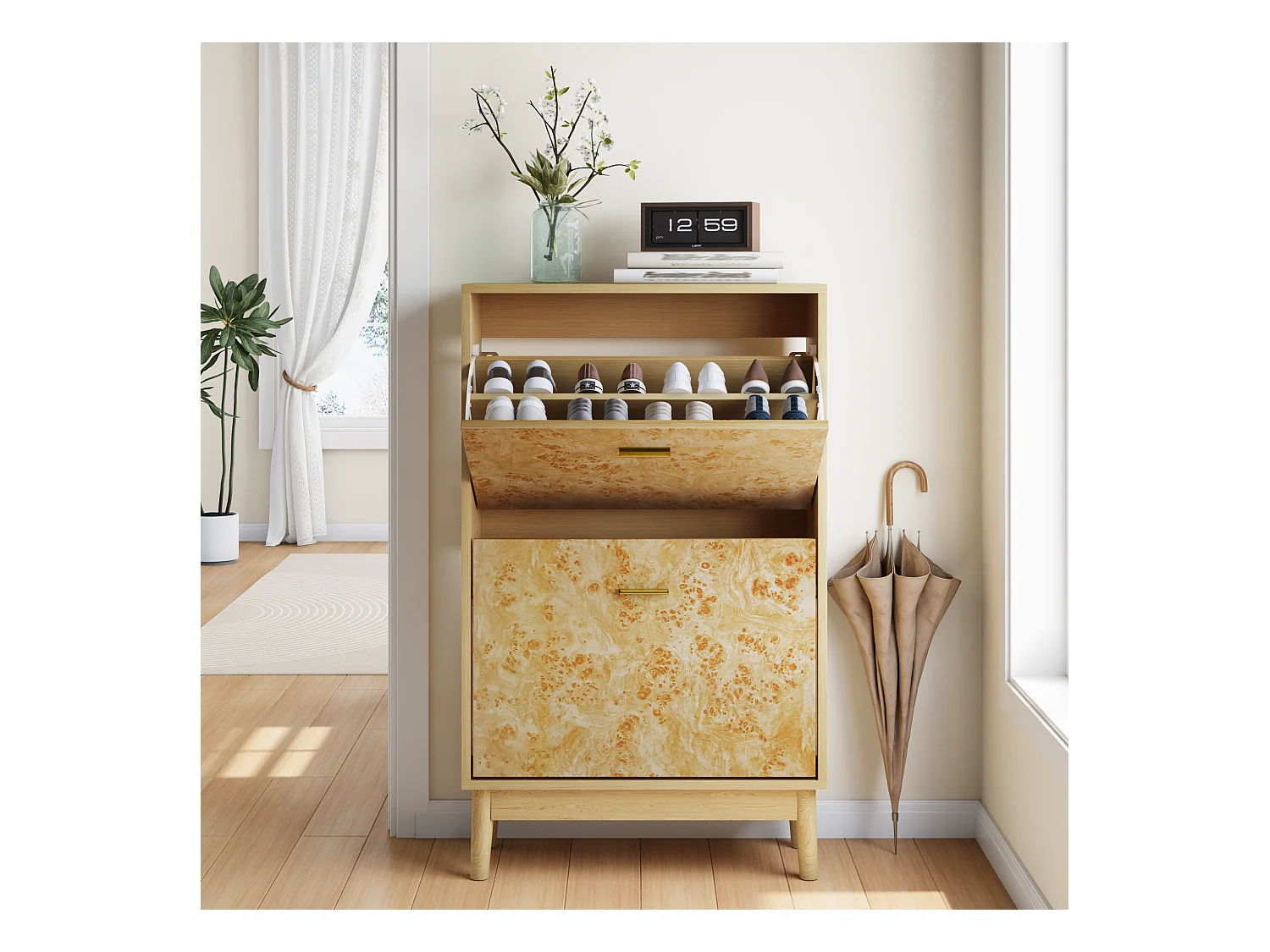 Étagère à chaussures avec structure en tronc d'arbre, pieds en bois massif, MDF, jaune (60x24,1x94 cm)