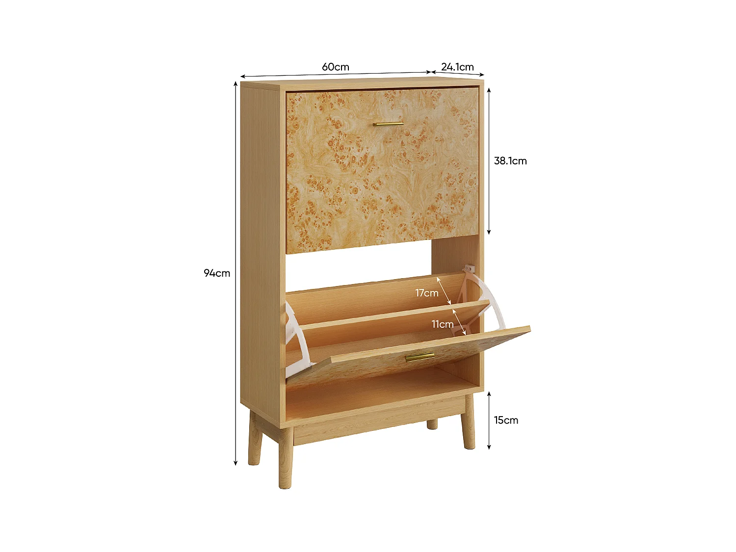 Étagère à chaussures avec structure en tronc d'arbre, pieds en bois massif, MDF, jaune (60x24,1x94 cm)
