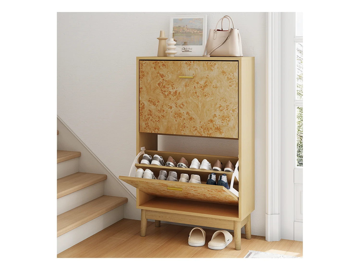 Étagère à chaussures avec structure en tronc d'arbre, pieds en bois massif, MDF, jaune (60x24,1x94 cm)