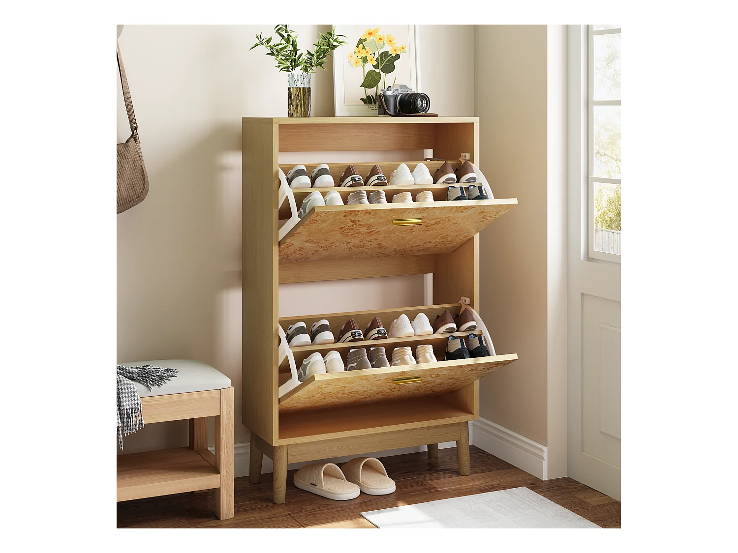 Étagère à chaussures avec structure en tronc d'arbre, pieds en bois massif, MDF, jaune (60x24,1x94 cm)