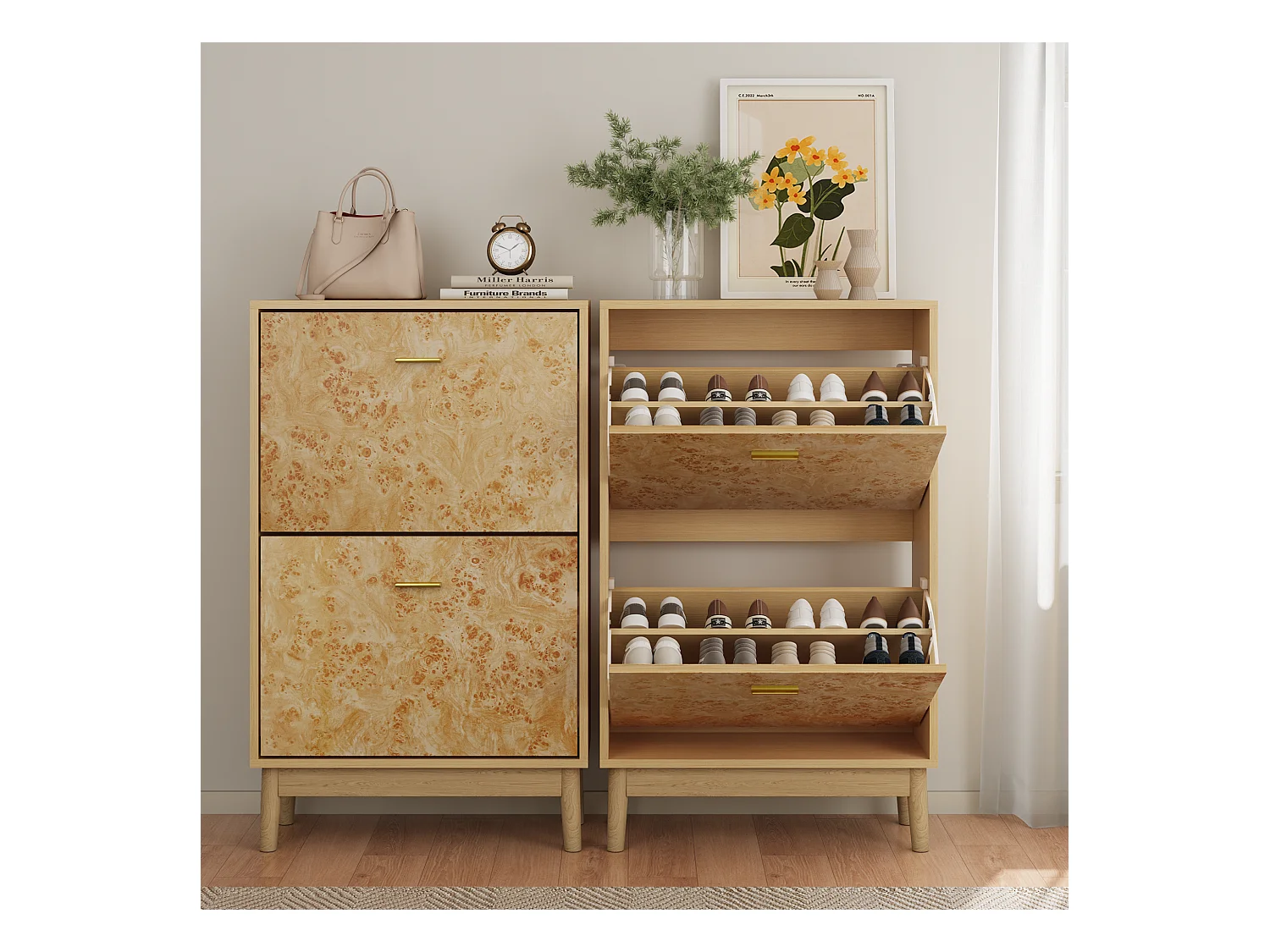 Étagère à chaussures avec structure en tronc d'arbre, pieds en bois massif, MDF, jaune (60x24,1x94 cm)