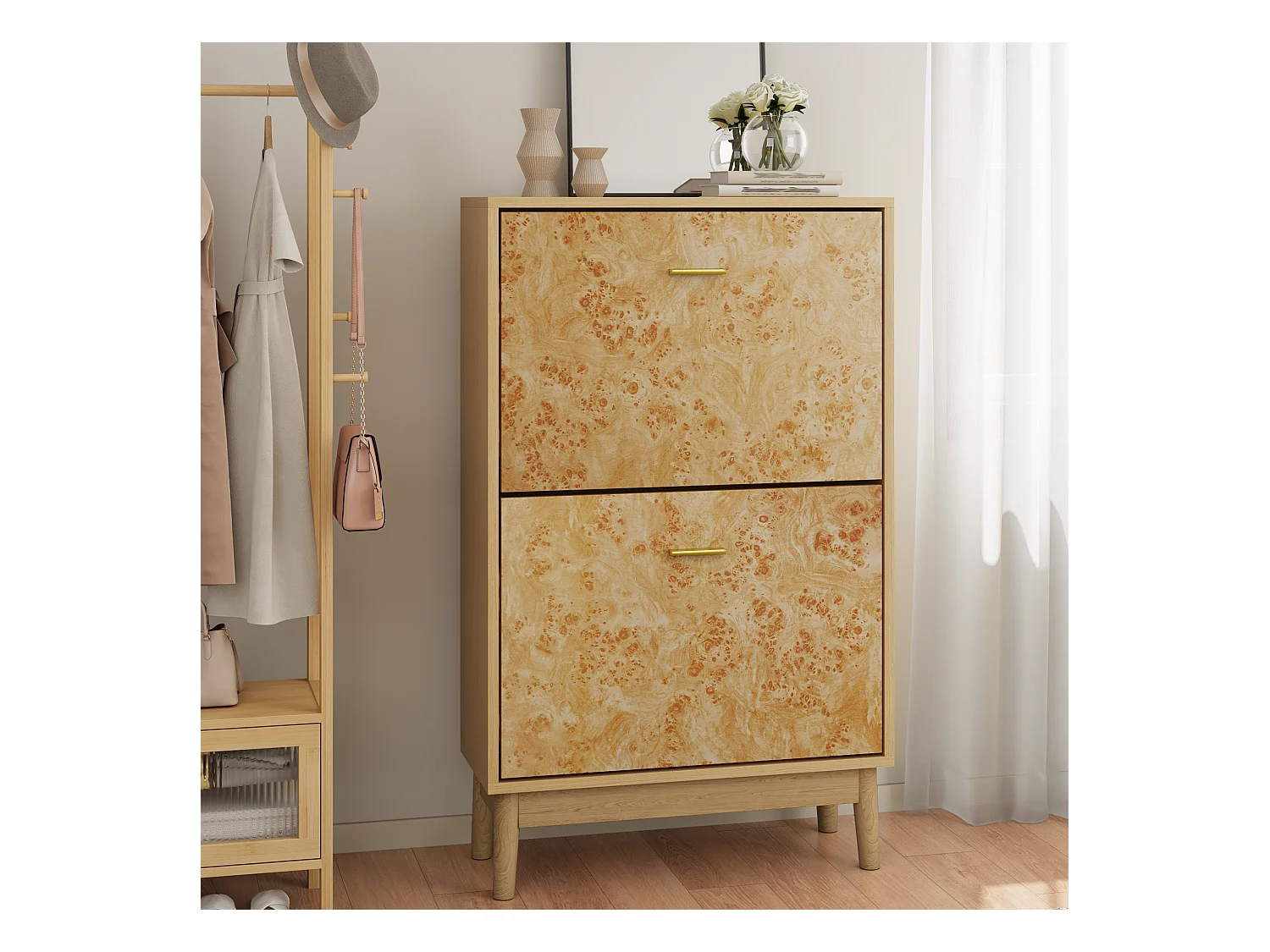 Étagère à chaussures avec structure en tronc d'arbre, pieds en bois massif, MDF, jaune (60x24,1x94 cm)