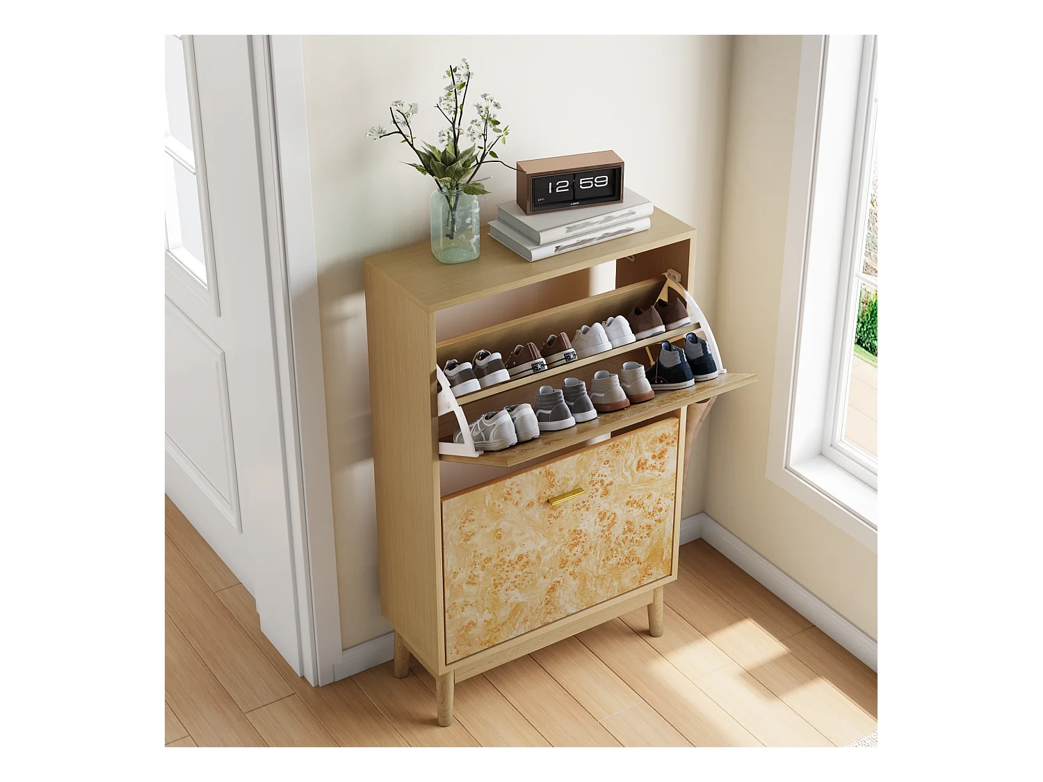 Étagère à chaussures avec structure en tronc d'arbre, pieds en bois massif, MDF, jaune (60x24,1x94 cm)