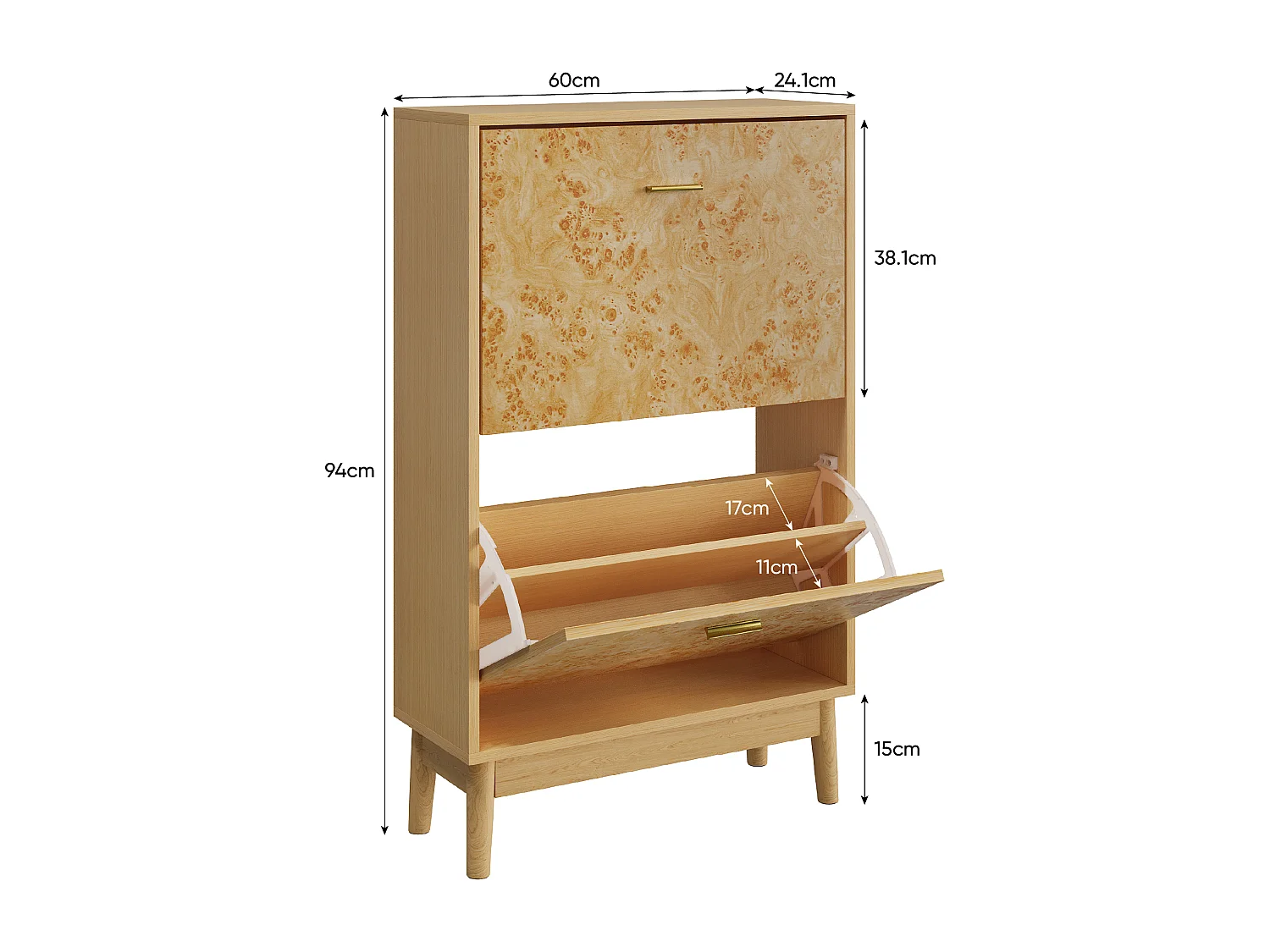 Zapatero con estructura de tronco de árbol, patas de madera maciza, MDF, amarillo (60x24,1x94 cm)