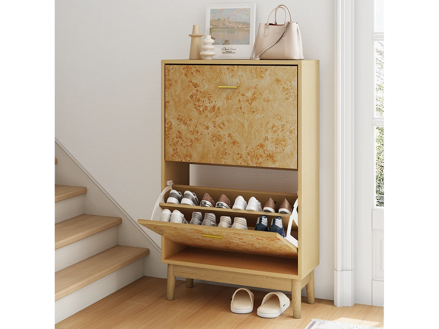 Zapatero con estructura de tronco de árbol, patas de madera maciza, MDF, amarillo (60x24,1x94 cm)