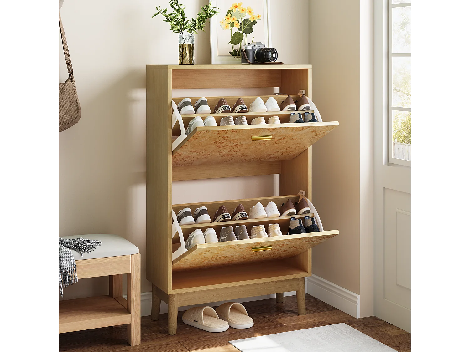 Zapatero con estructura de tronco de árbol, patas de madera maciza, MDF, amarillo (60x24,1x94 cm)