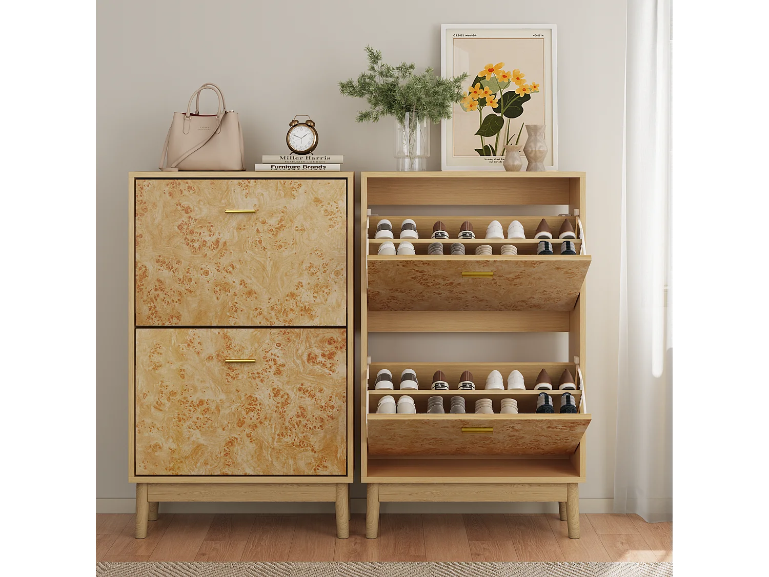 Zapatero con estructura de tronco de árbol, patas de madera maciza, MDF, amarillo (60x24,1x94 cm)