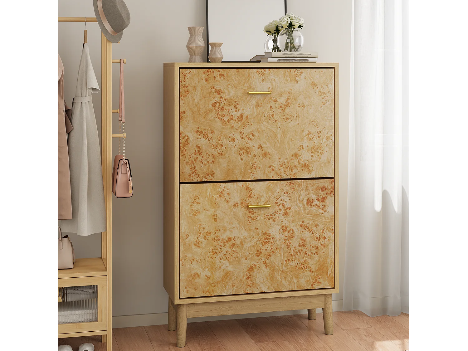 Zapatero con estructura de tronco de árbol, patas de madera maciza, MDF, amarillo (60x24,1x94 cm)
