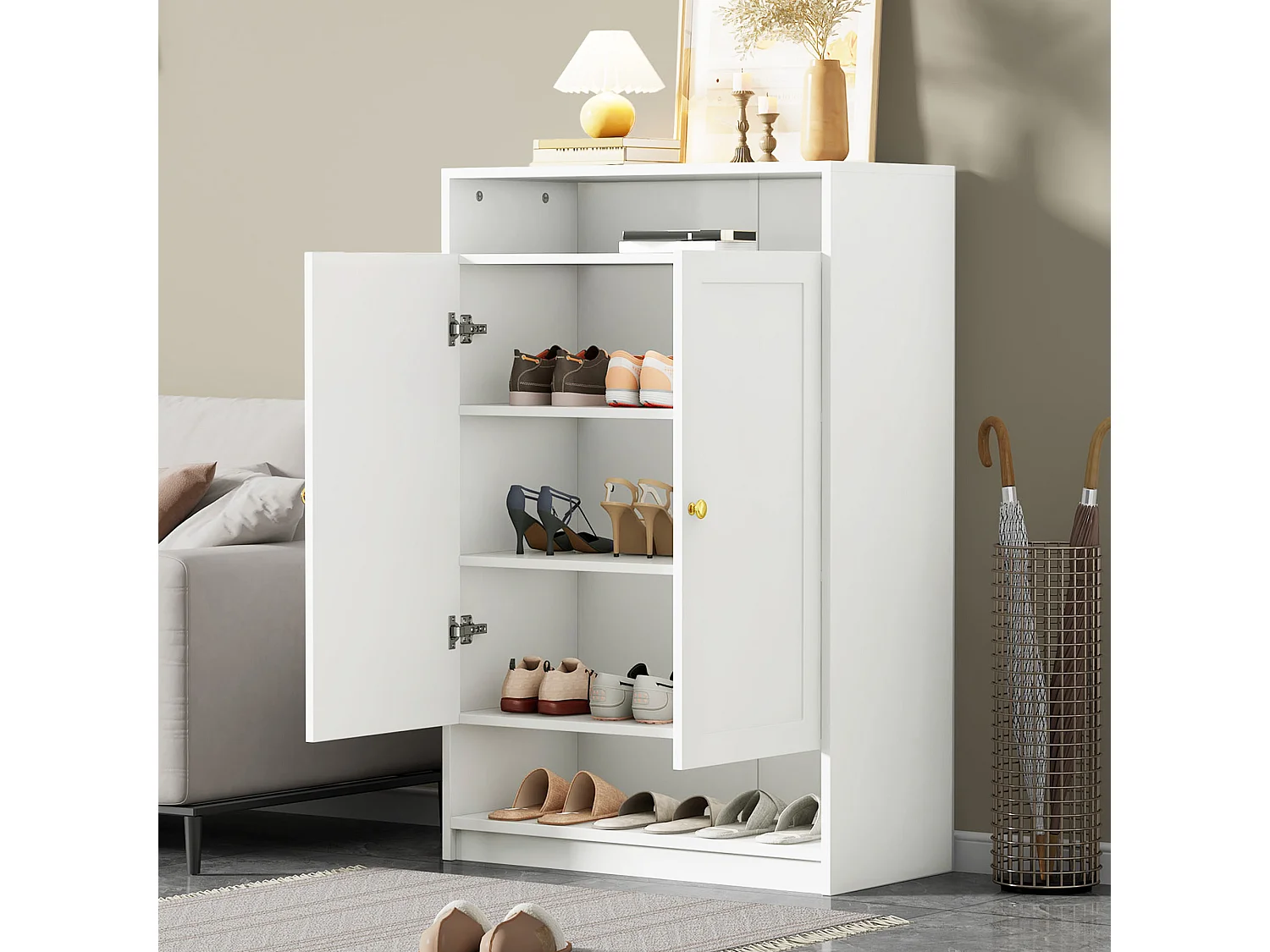 Meuble à chaussures avec 2 portes et 1 tiroir, poignées métalliques, design moderne, MDF, blanc (73x34x109 cm)