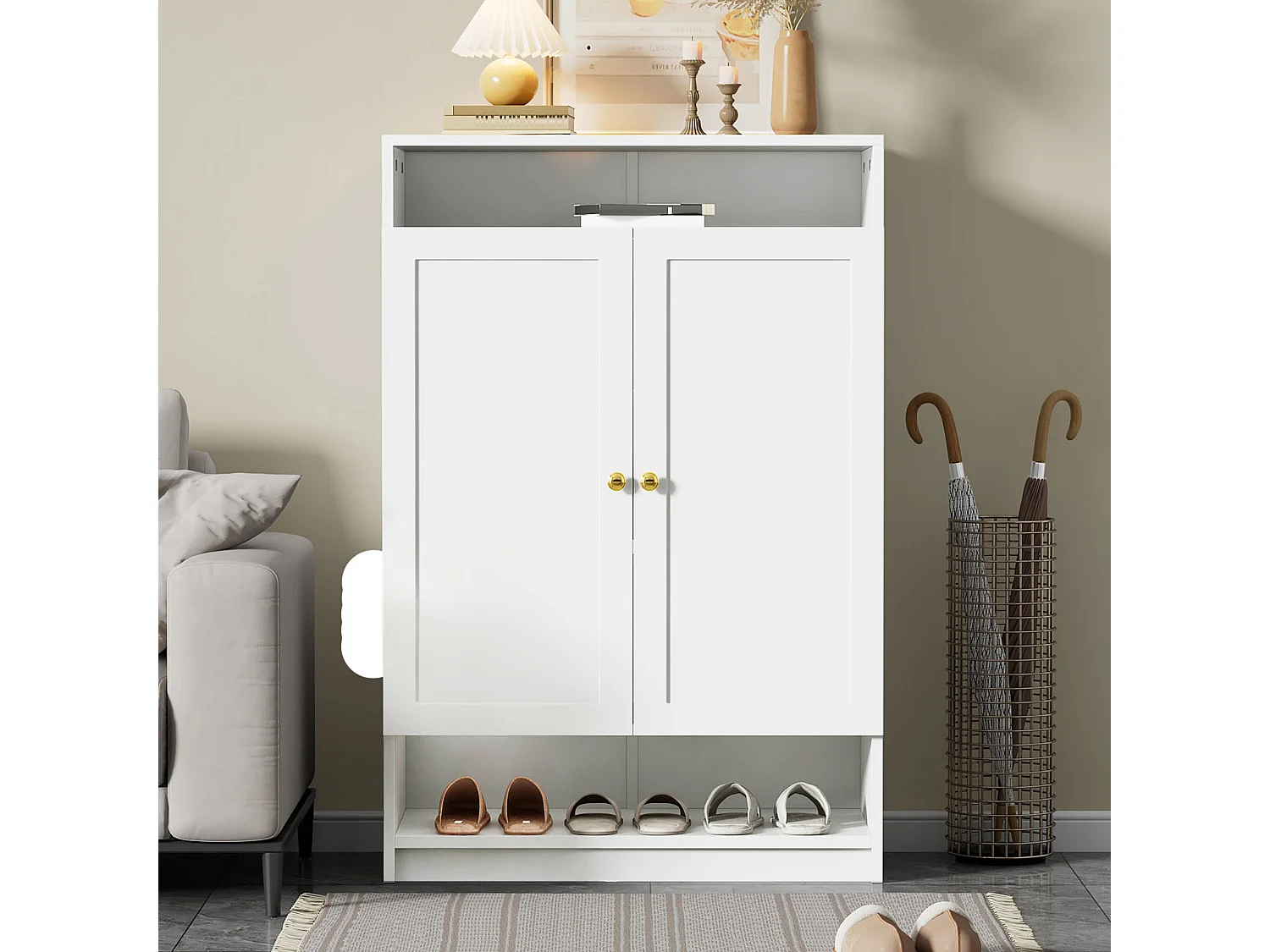 Meuble à chaussures avec 2 portes et 1 tiroir, poignées métalliques, design moderne, MDF, blanc (73x34x109 cm)