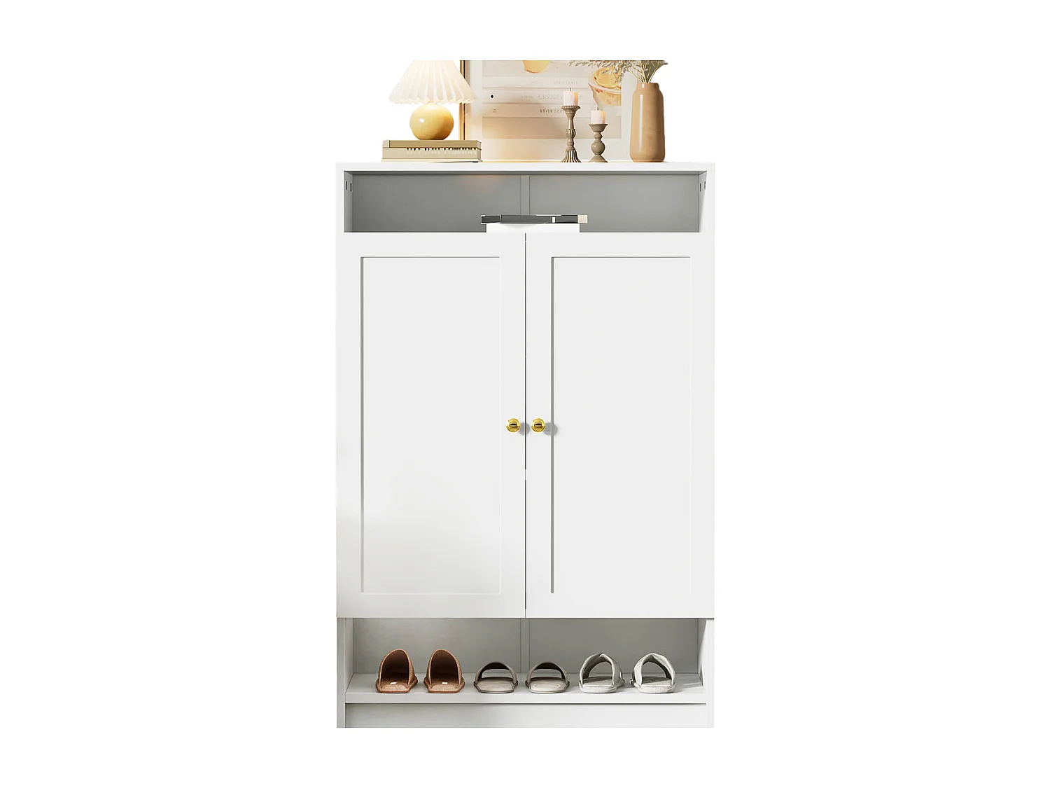 Meuble à chaussures avec 2 portes et 1 tiroir, poignées métalliques, design moderne, MDF, blanc (73x34x109 cm)