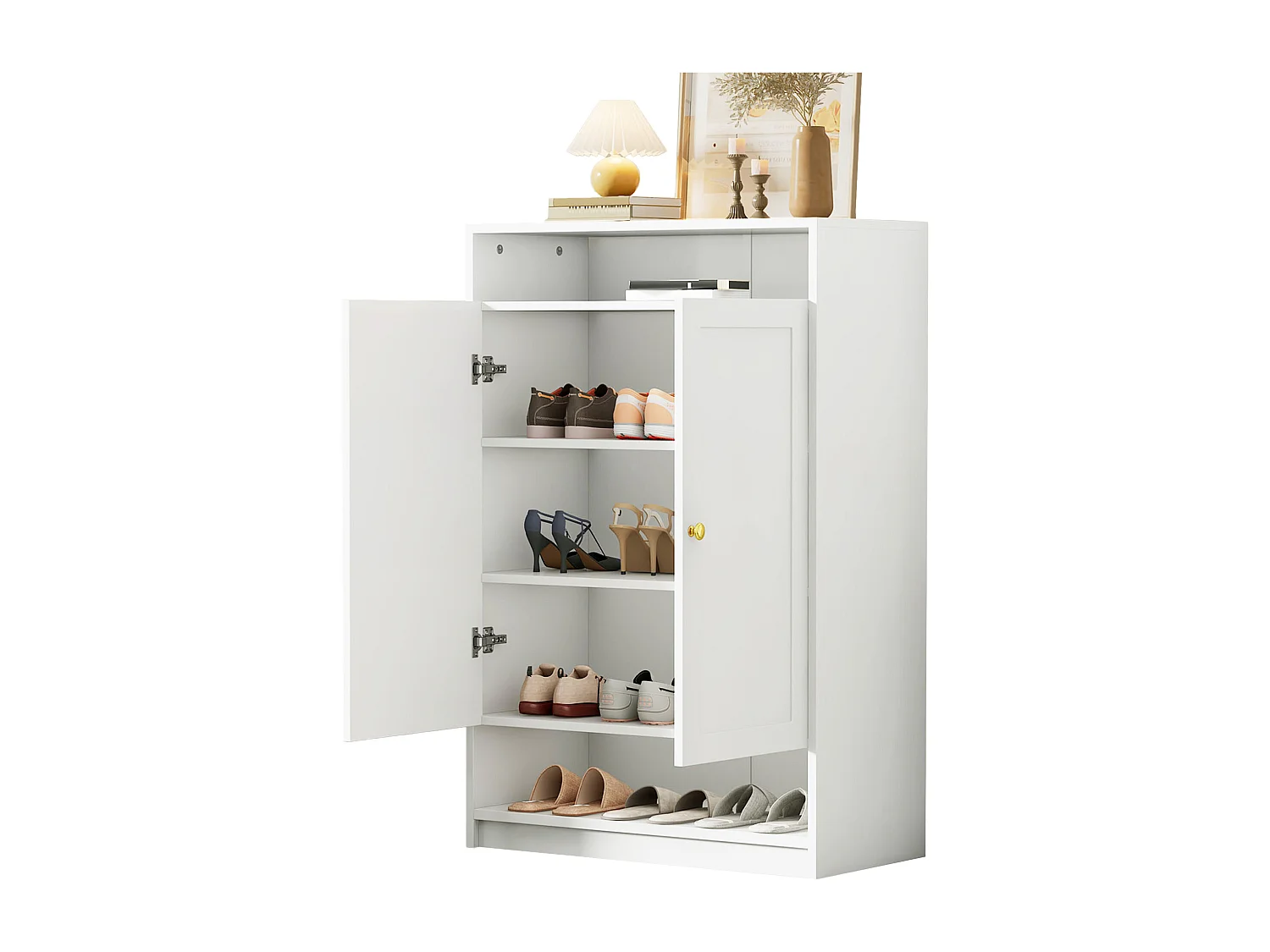 Meuble à chaussures avec 2 portes et 1 tiroir, poignées métalliques, design moderne, MDF, blanc (73x34x109 cm)