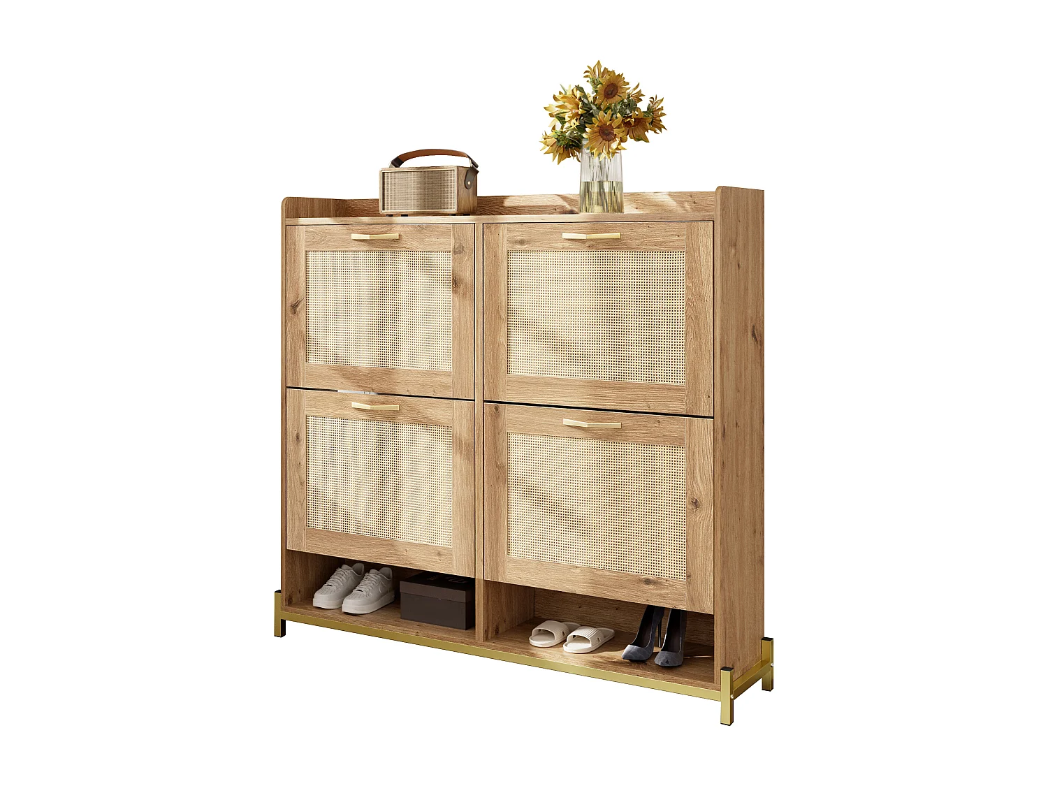 Meuble à chaussures en bois avec portes en rattan, métal, 4 portes, (108.5x24x100 cm)